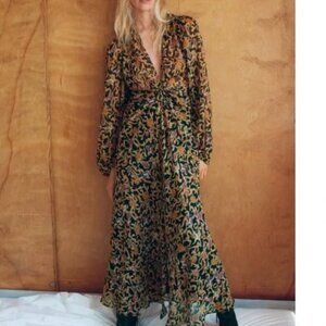 Zara Sheer Floral Printed Maxi Dress Medium Metallic Knot Front Long Sleeve XS